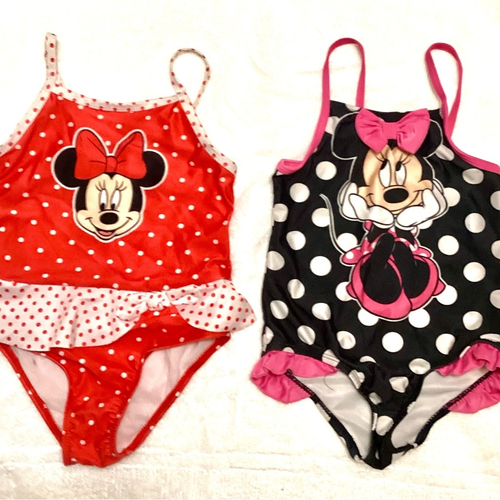Vintage Disney Minnie Mouse Kids One Piece Swimsuit Set - Red and Black 4T